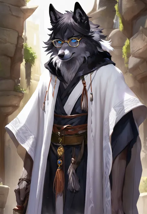 wolf，male，mage clothing，robe，black fur，heterochromia，glasses，introverted，introversion，orcs，slim，emaciated，sexy