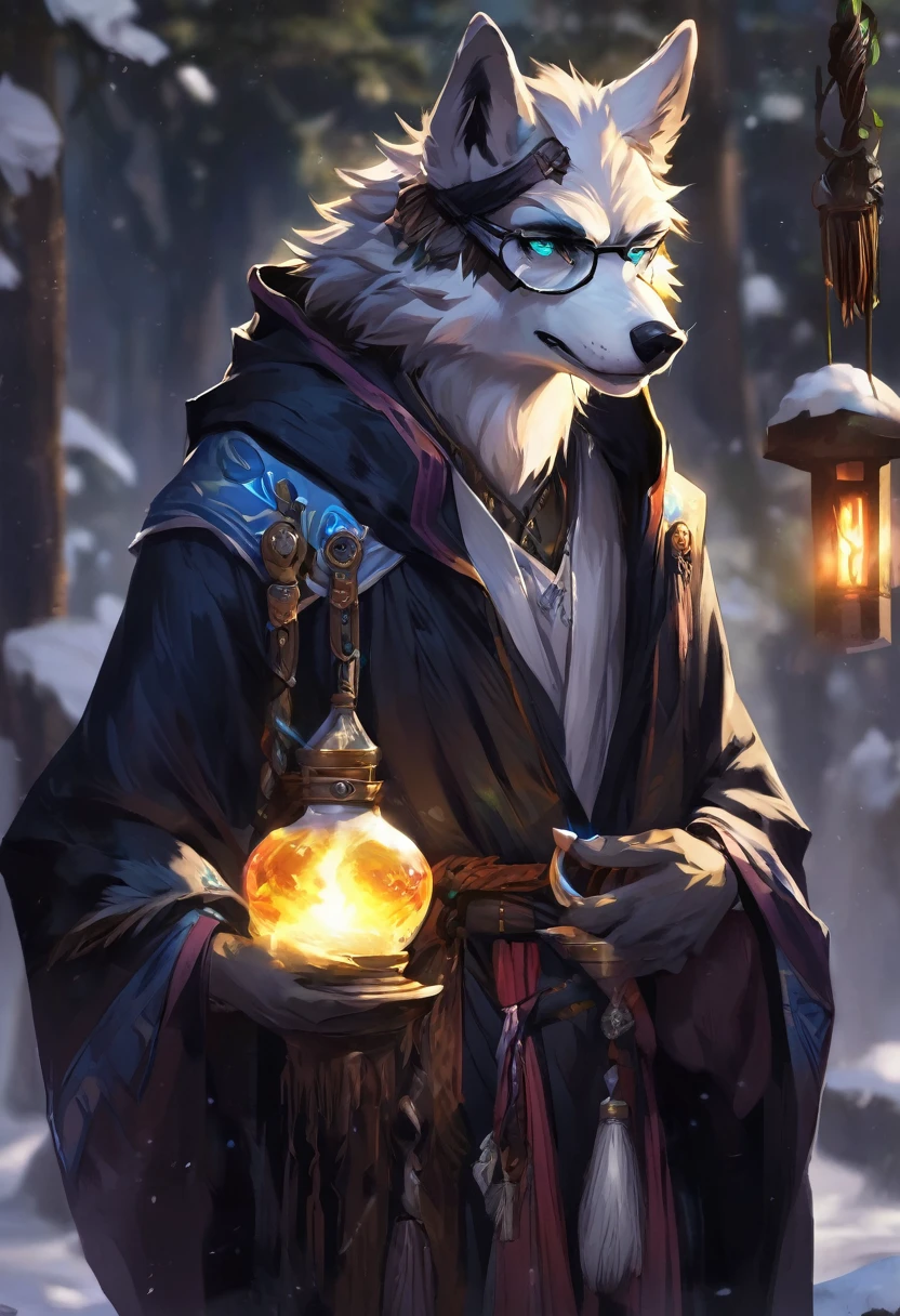 Wolf，male，Mage Clothing，robe，Black fur，Heterochromia，Glasses，Introverted，Introversion，Orcs，slim，emaciated，Sexy