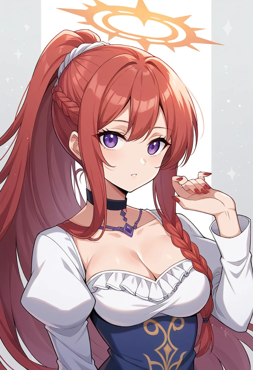 masterpiece, best quality,8k wallpaper, cowboy shot,nishikino maki,red hair, purple eyes, castlevania style , breasts, looking_at_viewer, bangs, simple_background, long_sleeves, dress, cleavage, jewelry, medium_breasts, purple eyes, upper_body, braid, sidelocks, choker, necklace, halo, red_dress, black_background, red_nails, braided_ponytail