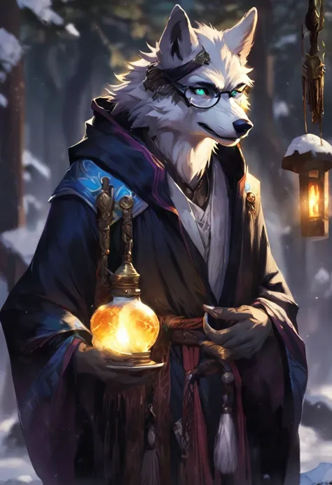 Wolf，male，Mage Clothing，robe，Black fur，Heterochromia，Glasses，Introverted，Introversion，Orcs，slim，emaciated，Sexy