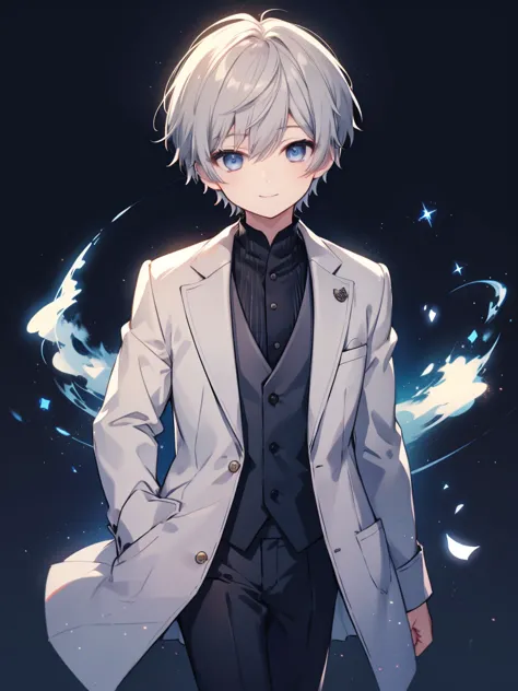 1 boy、highest quality, tabletop, beautiful face、suit、gray hair、short hair、whole body、smile、smile、moon background