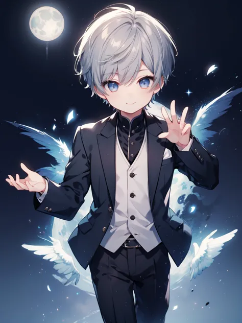 1 boy、highest quality, tabletop, beautiful face、suit、gray hair、short hair、whole body、smile、smile、moon background