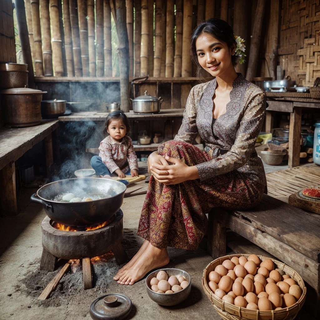 une très belle femme indonésienne au visage ovale, 2, corps idéal, porter un tissu kebaya et batik jarik, Les cheveux en l&#39;air. Assis sur un banc en bois. cuisiner dans la cuisine avec du bois de chauffage il y a un poêle en argile, Faire bouillir les œufs dans l&#39;eau bouillante. fond de mur de bambou, et vieux ustensiles de cuisine. le sol est encore sale. souriant doucement et très gentiment. À côté de lui, une fille jouait.,