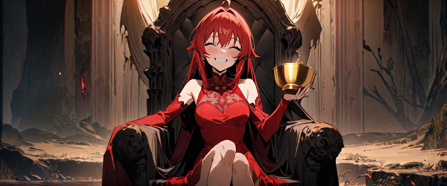 (((masterpiece,Highest quality))),((Smiling red-haired demon anime girl wearing a red one-piece dress and holding a golden cup while sitting on a throne)),((He tilts his golden cup and pours poison onto the earth.)),((A throne in the wilderness of the dead、Evil Laugh)),アニメ,b3ks1n