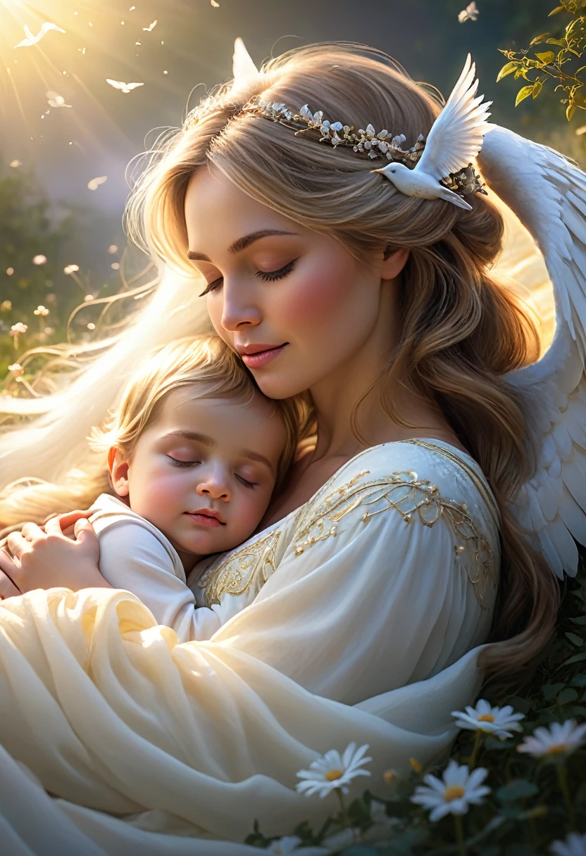 (Highest quality,4K,High resolution),protector,Peaceful atmosphere,Soft lighting,Bidding bonds,Calm,Cautious eyes,Sleeping innocence,A Mother’s Love,,Blissful Dreams,Calm and soothing,Angelic Presence,Guardian spirit,endless love,Protective hug,A gentle touch,peaceful sleep,Quiet landscape,Shine,The Ecstasy of Sleep,The ultimate tranquility,Dreamy warmth,Unconditional love,Precious moments,Safe and secure,Heavenly Protection,Mother&#39;s touch,A sacred connection,Celestial Guardian,Eternal bonds,Peace of mind,A Mother’s Love,天上のPeaceful atmosphere,Eternal Peace