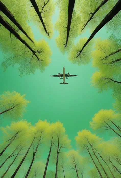 minimalism，spring，towering woods，airplane，green theme，tilt view