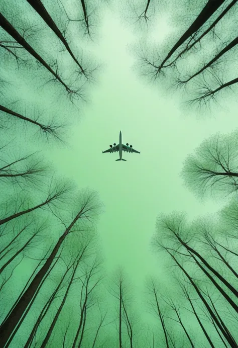 minimalism，spring，towering woods，airplane，green theme，tilt view