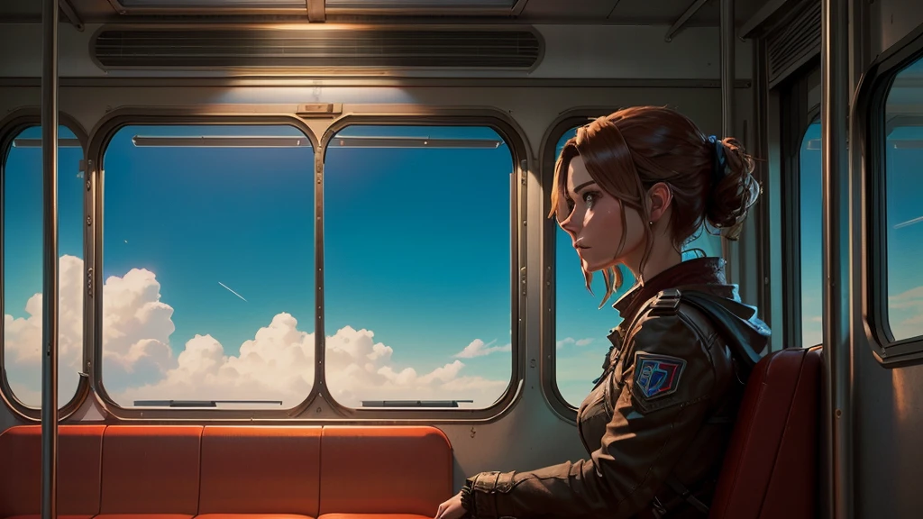 Mujer arafed en un tren, mirando por una ventana, escena del videojuego, Captura de pantalla cinematográfica de PS5, Captura de pantalla del videojuego 2020, metraje de escena, cinemática del juego, desde un 2 0 1 9,  película 8K,