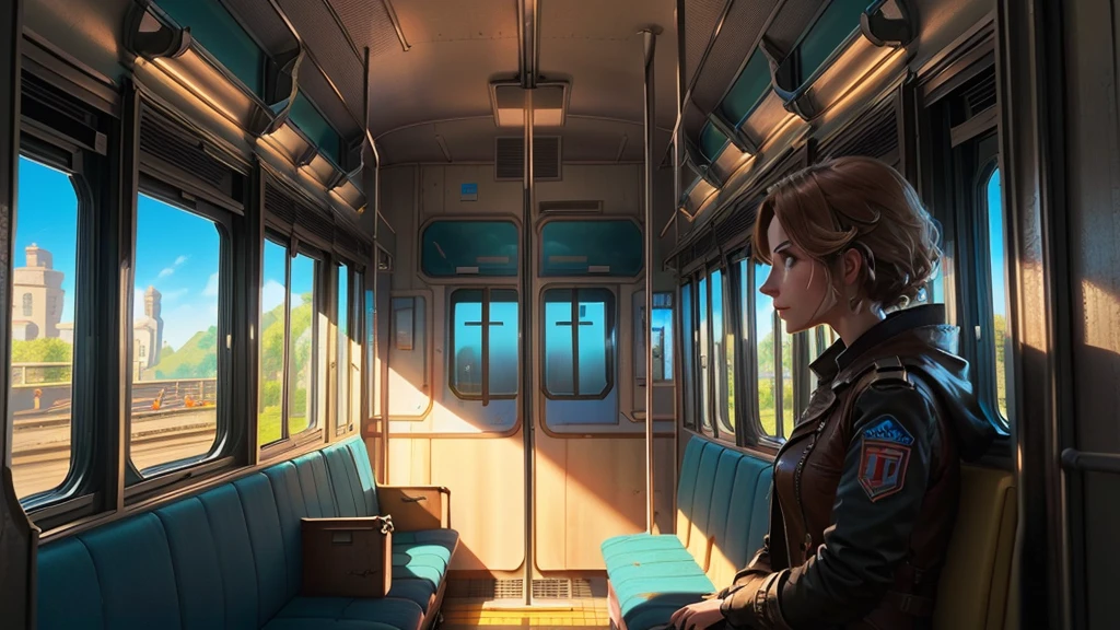 Mujer arafed en un tren, mirando por una ventana, escena del videojuego, Captura de pantalla cinematográfica de PS5, Captura de pantalla del videojuego 2020, metraje de escena, cinemática del juego, desde un 2 0 1 9,  película 8K,