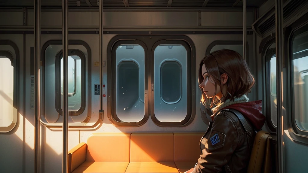 Mujer arafed en un tren, mirando por una ventana, escena del videojuego, Captura de pantalla cinematográfica de PS5, Captura de pantalla del videojuego 2020, metraje de escena, cinemática del juego, desde un 2 0 1 9,  película 8K,