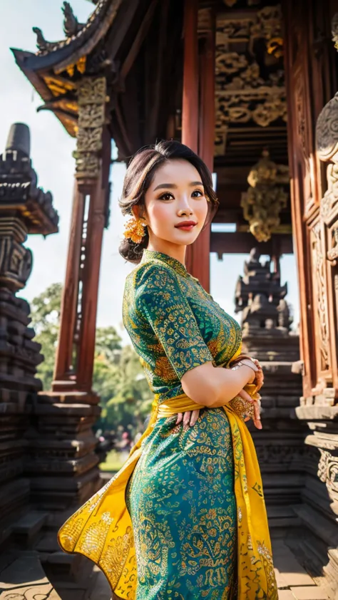 Capture a stunning woman in a vibrant batik dress posing elegantly in front of Prambanan Temple, with the intricate stone carvin...