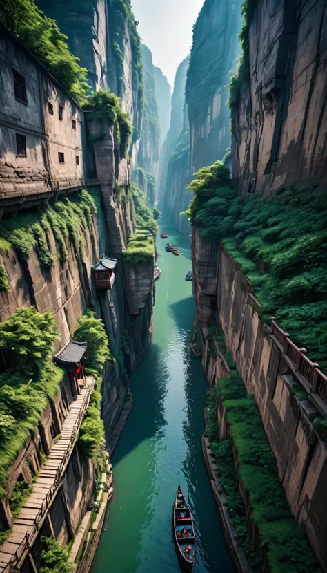 High resolution、8K masterpiece:1.3、 Breathtaking aerial photography:1.1、 The terrifying cliff-top walled canal in Chongqing:1.3、...