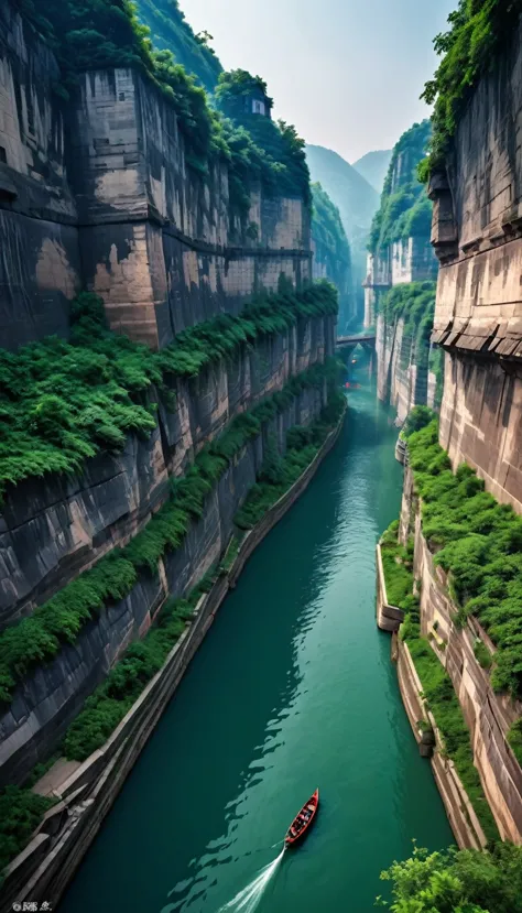 high resolution、8k masterpiece:1.3、 breathtaking aerial photography:1.1、 the terrifying cliff-top walled canal in chongqing:1.3、...