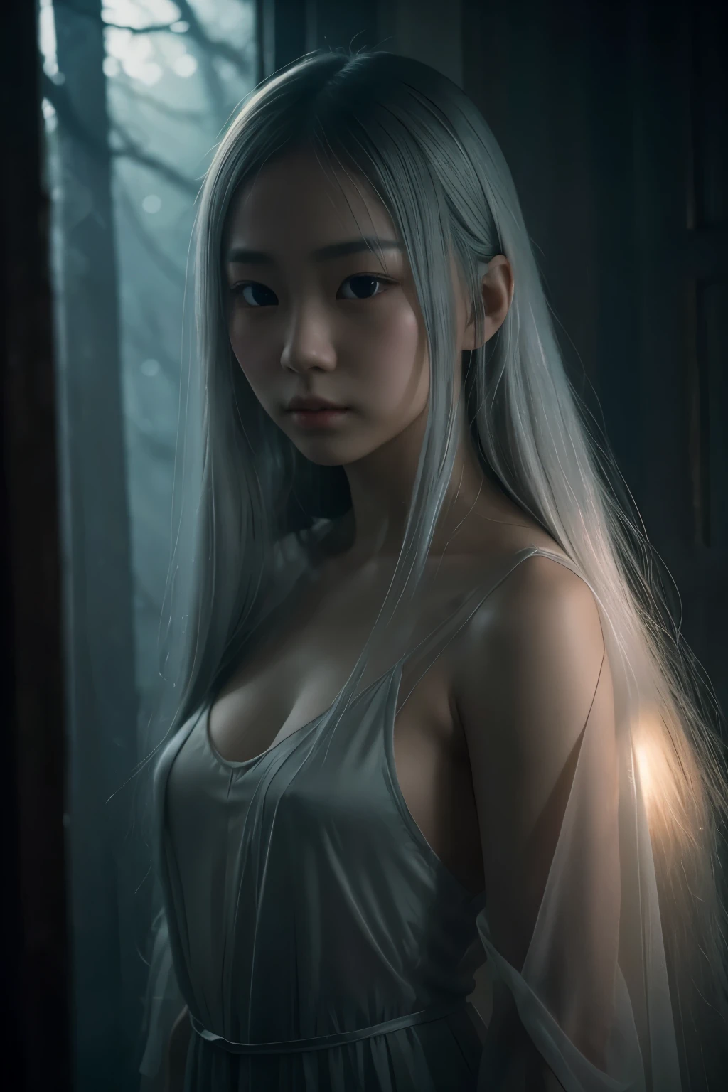 nsfw, In a mysterious and enchanting realm, a murky fog envelopes the scene, as if concealing something profound. , a figure emerges, a young asian  girl with flowing silver hair and eyes that glimmer with an otherworldly luminescence. The image captures her delicate yet powerful presence, her ethereal beauty contrasting with the darkness that surrounds her. The misty atmosphere adds to the enigmatic and dreamlike quality of the artwork, giving it an almost surreal feel. The painting, skillfully executed, showcases intricate details and vibrant colors that bring the scene to life. It invites us to delve into the bewitching world of this anime, where memories are shrouded in layers of uncertainty, waiting to be unraveled