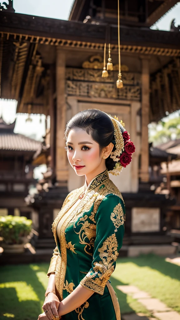 Photograph a stunning woman in a traditional Javanese kebaya, with Prambanan Temple's towering spires majestically in the background, her serene expression matching the historical ambiance
