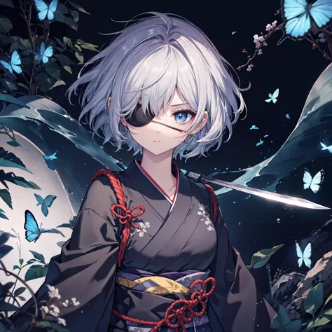 (((1 person　Put on an eye patch　Gray Hair)))　((High resolution　short hair　Black kimono　Shoulder　Rin々Funny face　knifeを胸の前で構える))　(...