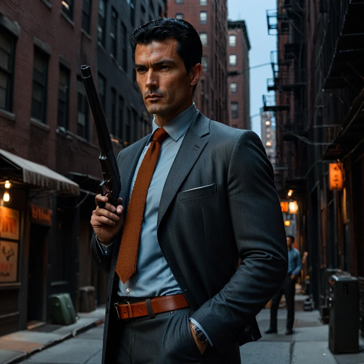 photorealistic, cinematic, raw photo, low angle shot, man, mature, black hair, short side part hairstyle, clean shaven, tall, thin, scar on cheek, wearing dark grey two piece suit, light blue shirt, rust orange knitted necktie, black leather belt, shoots a gun in a New York city alley, summer, night, dim lighing