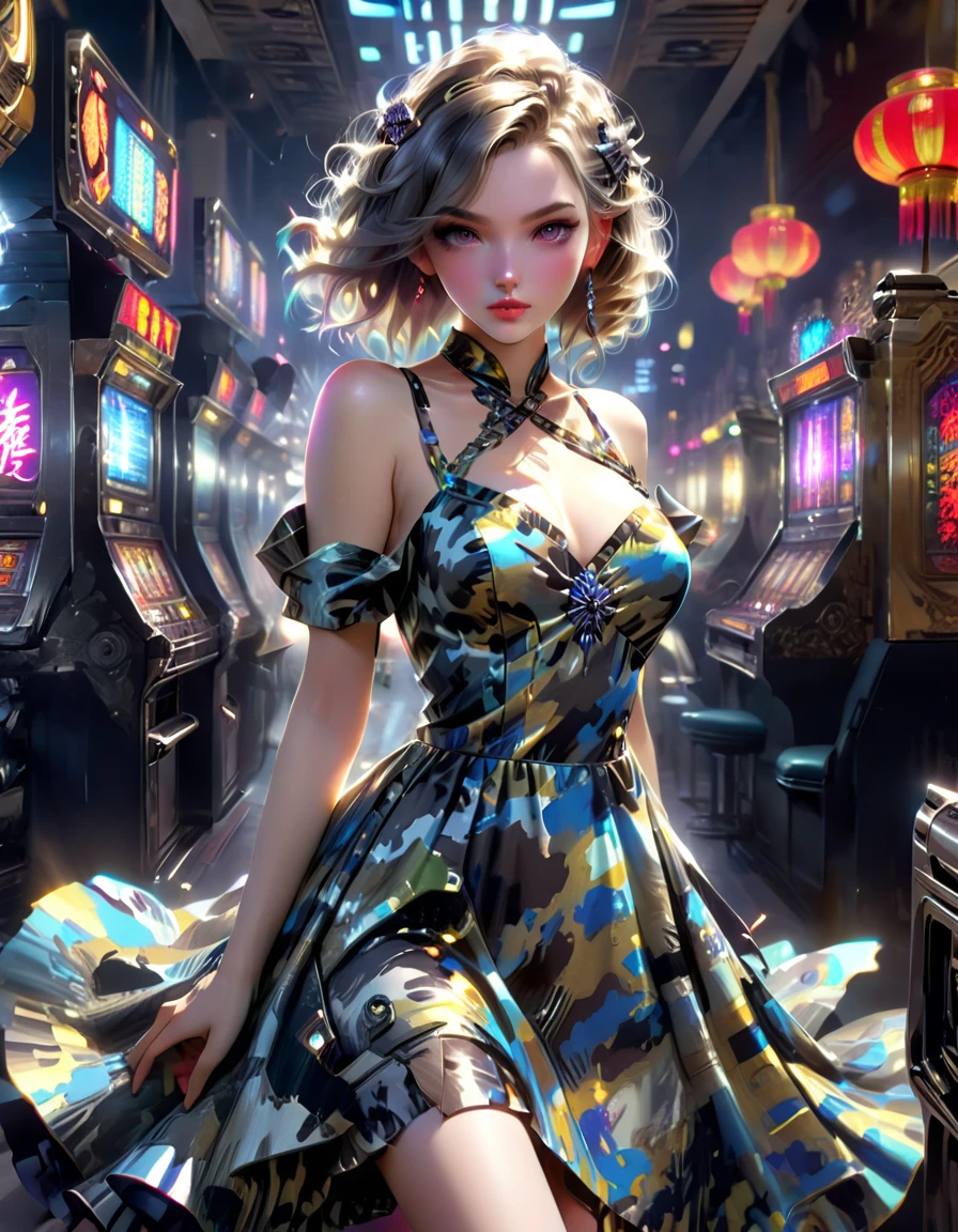 A young and extremely beautiful woman_cyborg、Retro Hairstyles、Retro Makeup、A grinning expression、Ideal proportions、Big Breasts、((Night Camo＿tight＿China dress:1.9))、(Rapid firing of assault rifles:1.7)、(Motion Blur Effect:1.5)、(Chaos inside the casino、Frenzy、is in destruction:1.4)、（Highest quality、4K、8K、High resolution、masterpiece:1.2）、Super detailed、（Real、Photorealistic、Photorealistic:1.37）、Detailed facial features、Intricate dress patterns、Impressive pose、Dramatic lighting、Cinematic composition、Bright colors、dystopian atmosphere、oil painting、