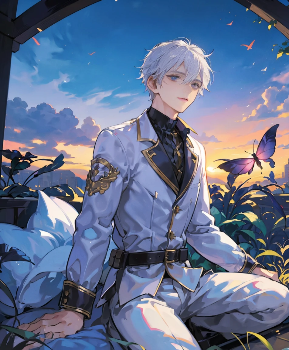 dynamic angle, splash art, high definition, full body, guy with white hair, sitting, surrounded by butterflies in a garden, soft boy, short hair, sunset lighting, dramatic lighting, looking at camera, young boy, light on face, camera angled slightly from above