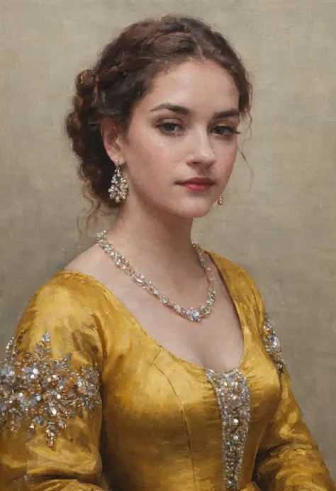 Peinture à l'huile , portrait , jeune femme , robe de bal , bijou , masque
