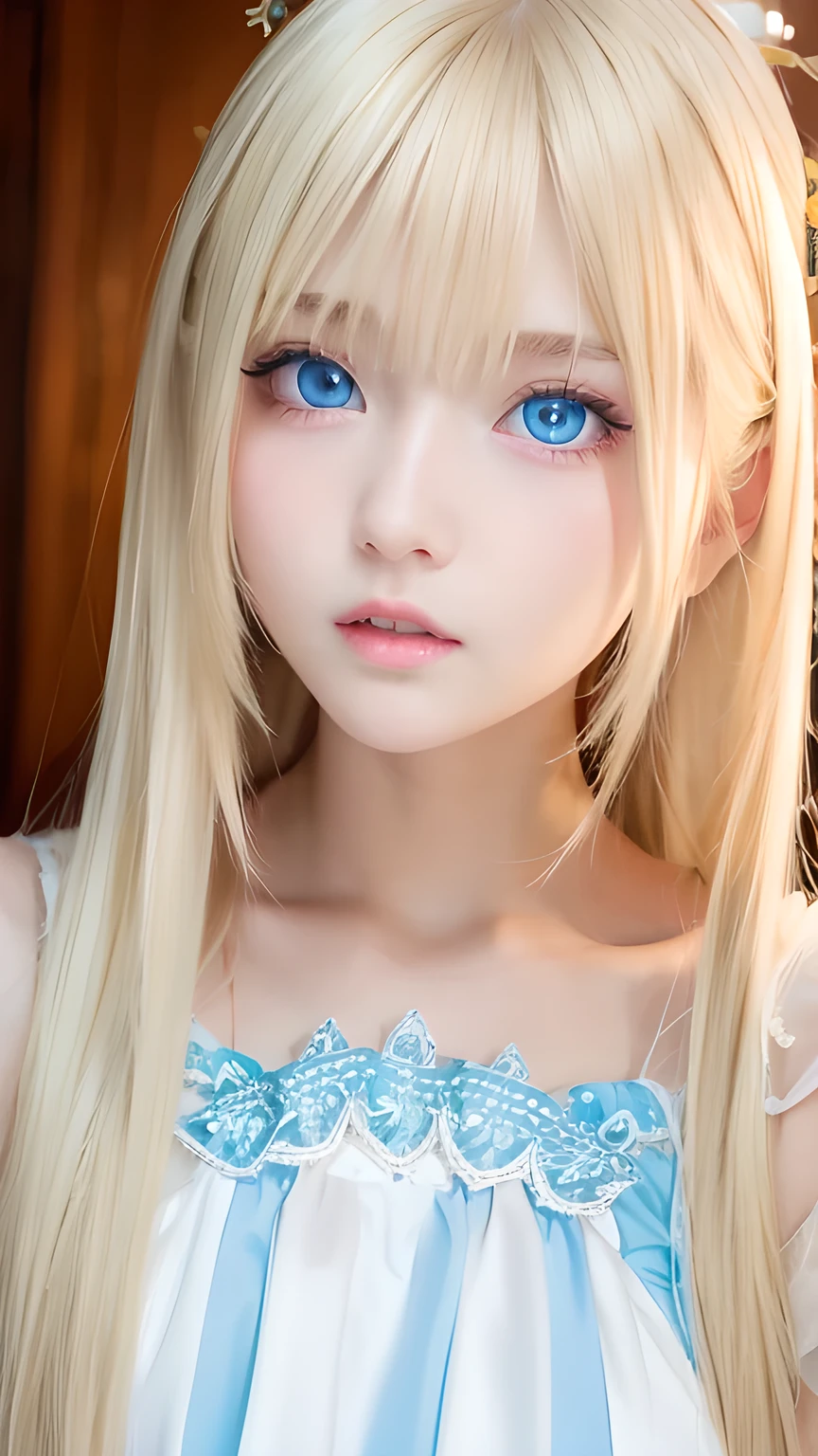 Super long blonde straight hair、Bangs on a beautiful face between the eyes、Very cute beautiful sexy young teenage girl、So perfect beautiful cute face、Very large, clear, beautiful, bright, light blue eyes、Very big cute eyes、Small Face Beauty、Cheek highlighter、White, bright and radiant skin、