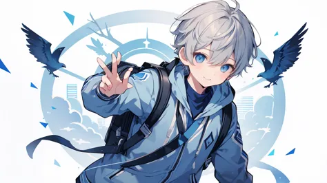 1 boy、high school boys、highest quality, tabletop, beautiful face、、gray hair、short hair、whole body、smile、smile、carrying a blue an...