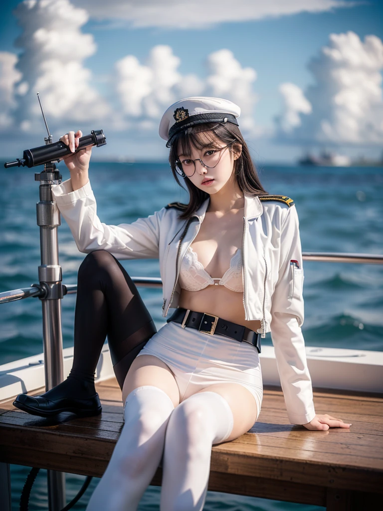 ((((Full body of a woman with perfect flat chest、Short unkempt black hair、white military jacket、Miko costume、tights、Black glasses、White military cap、Cloudy eyes、Sleepy expression)))), (((masterpiece))), (((Shipgirl))), ((Floating on the morning sea with both feet)), (Spread your legs wide open), (Hold the turret with your right hand), (Mechanical arms extending from the waist are used to equip the ship with battleship equipment.), (Equipped with a turret on the back), (Holds the turret with his left arm), Shotgun shells are attached to the thigh with a belt, Spreading the Machine&#39;s Wings, Machine tail,  shotgun, 