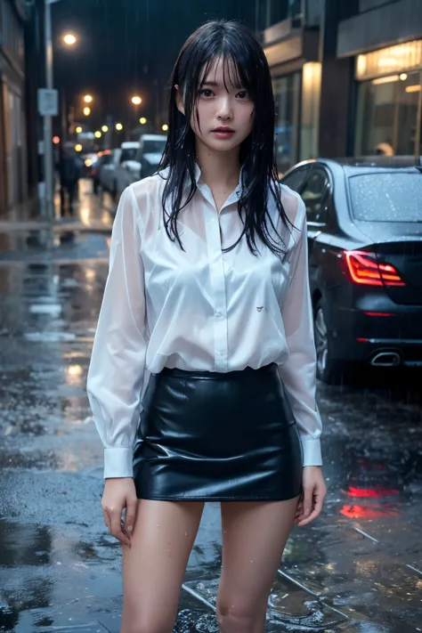 (masterpiece, Highest quality, One girl, Beautiful office lady, Very wet, soaked from heavy rain, Long black hair, Straight hair...
