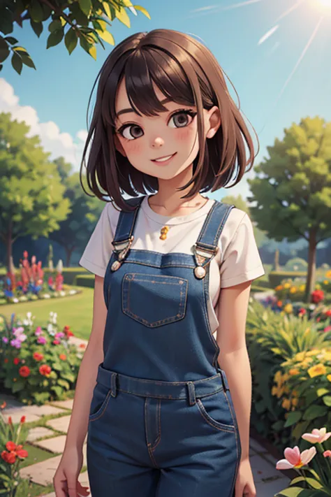 high quality, detailed, A young girl dressed only in dungarees, garden, nude, smile, sunny, I&#39;ve been listening for a long t...
