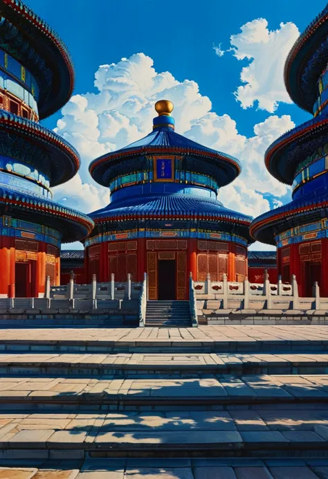 gangfeng, temple of heaven, , chinese architecture, white cloud, traditional design, stairs, symmetry, circular building, daytim...