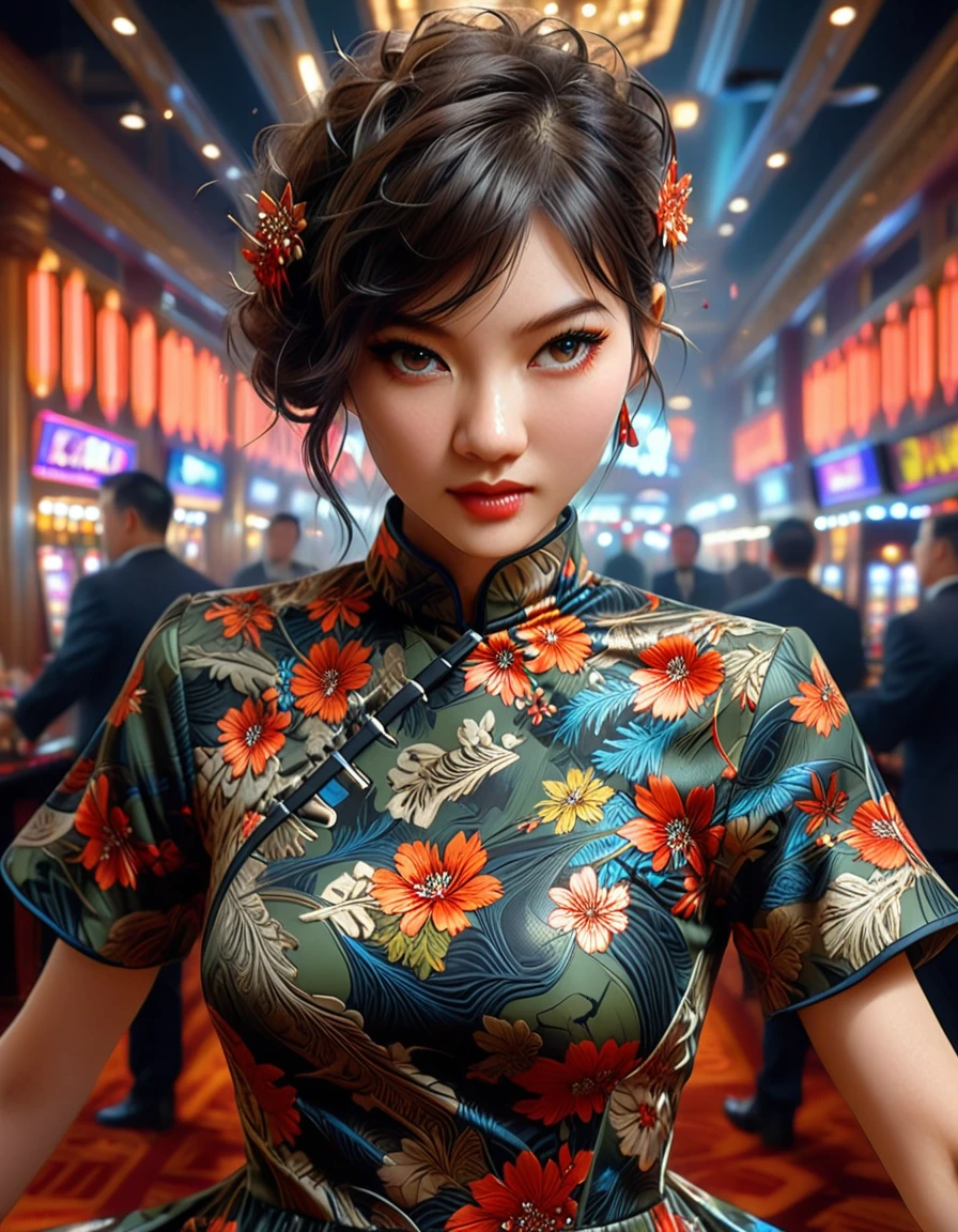 A young and extremely beautiful woman_cyborg, retro hairstyle, retro makeup, grinning face, ideal proportions, large breasts, ((Night camo_tight_China dress:1.9)), (rapid firing of assault rifle:1.7), (motion blur effect:1.5), (casino interior is in chaos, frenzy and destruction:1.4), (highest quality, 4k, 8k, high resolution, masterpiece:1.2), ultra-detailed, (realistic, photorealistic, photorealistic:1.37), detailed facial features, intricate dress pattern, striking pose, dramatic lighting, cinematic composition, vibrant colors, dystopian atmosphere, oil painting,