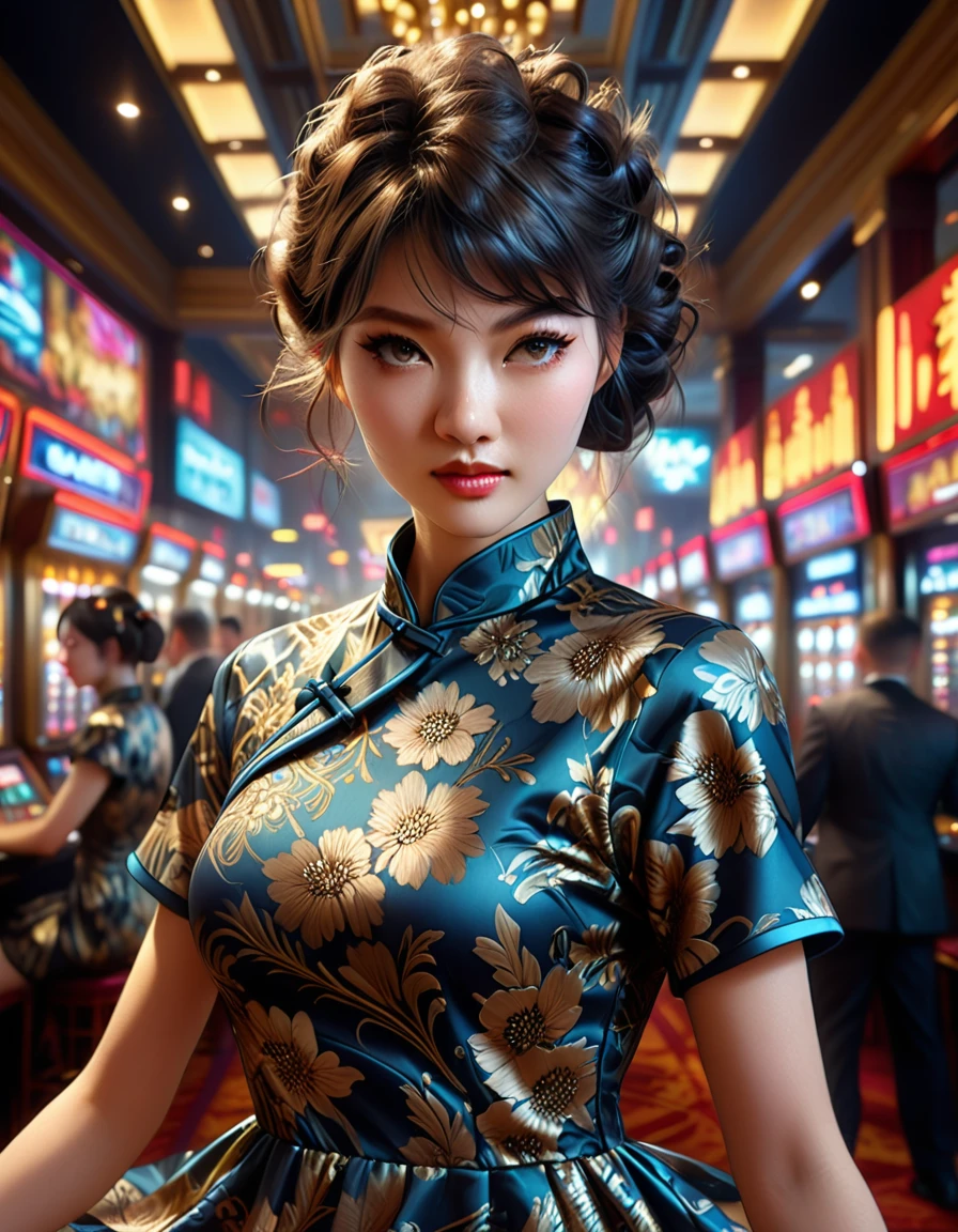 A young and extremely beautiful woman_cyborg, retro hairstyle, retro makeup, grinning face, ideal proportions, large breasts, ((Night camo_tight_China dress:1.9)), (rapid firing of assault rifle:1.7), (motion blur effect:1.5), (casino interior is in chaos, frenzy and destruction:1.4), (highest quality, 4k, 8k, high resolution, masterpiece:1.2), ultra-detailed, (realistic, photorealistic, photorealistic:1.37), detailed facial features, intricate dress pattern, striking pose, dramatic lighting, cinematic composition, vibrant colors, dystopian atmosphere, oil painting,