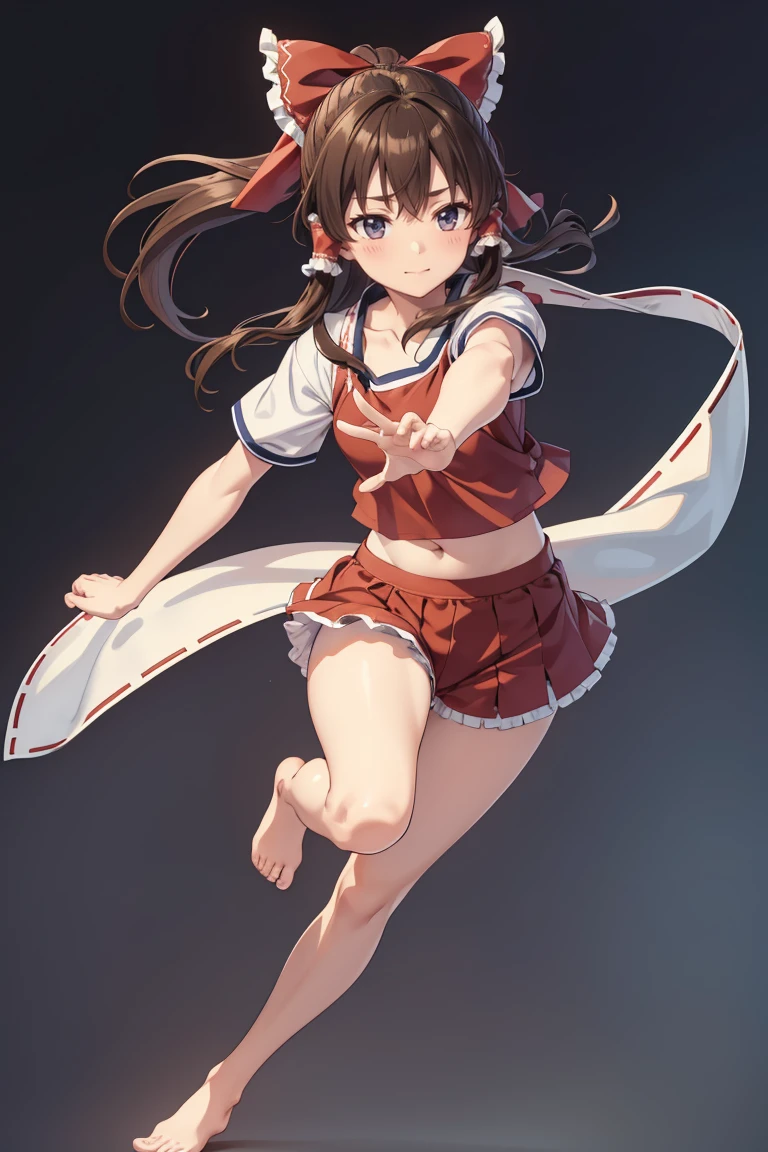 Reimu Hakurei, (Brown eyes:1.5), Brown Hair, bow, hair bow, Hair Tube, Long Hair, red bow, Side Lock, (((Slender body)))、(Navy blue cuffs and white short-sleeved gym uniform)、(Navy Blue Bloomers)、(
barefoot)、Navy blue socks、sports boots、Ground、Schoolyard、Sexy pose、
BREAK Watch Viewers,blush、
Full Body Shot,Smile Break (masterpiece:1.2), Highest quality, High resolution, unity 8k wallpaper, (figure:0.8), (Beautiful attention to detail), Highly detailed face, Perfect lighting, Highly detailed CG, (Perfect hands, Perfect Anatomy),Dynamic pose,