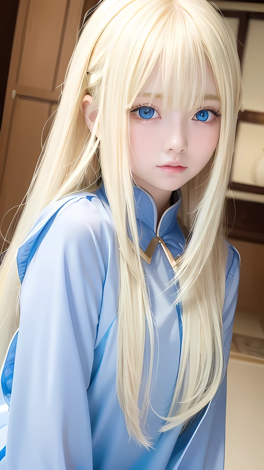 Super long blonde straight hair、Bangs on a beautiful face between the eyes、Very cute beautiful sexy young teenage girl、So perfect beautiful cute face、Very large, clear, beautiful, bright, light blue eyes、Very big cute eyes、Small Face Beauty、Cheek highlighter、White, bright and radiant skin、