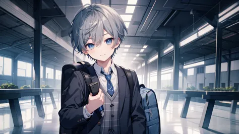 1 boy、high school boys、highest quality, tabletop, beautiful face、jet black  with stand-up collar、uniform、gray hair、short hair、wh...