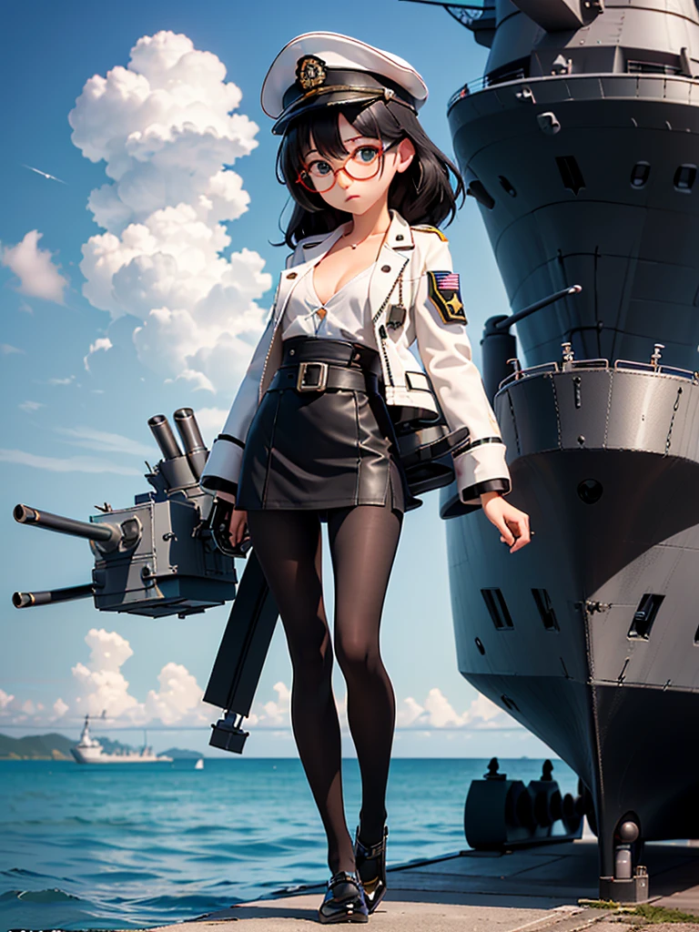 ((((Full body of a woman with perfect flat chest、Short unkempt black hair、white military jacket、Miko costume、tights、Black glasses、White military cap、Cloudy eyes、Sleepy expression)))), (((masterpiece))), (((Shipgirl))), ((Floating on the morning sea with both feet)), (Spread your legs wide open), (Hold the turret with your right hand), (Mechanical arms extending from the waist are used to equip the ship with battleship equipment.), (Equipped with a turret on the back), (Holds the turret with his left arm), Shotgun shells are attached to the thigh with a belt, Spreading the Machine&#39;s Wings, Machine tail,  shotgun, 