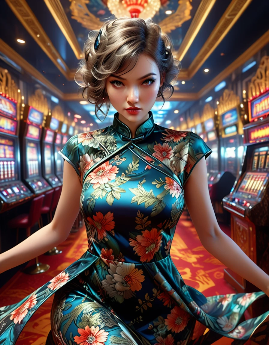 A young and extremely beautiful woman_cyborg, retro hairstyle, retro makeup, grinning face, ideal proportions, large breasts, ((Night camo_tight_China dress:1.9)), (rapid firing of assault rifle:1.7), (motion blur effect:1.5), (casino interior is in chaos, frenzy and destruction:1.4), (highest quality, 4k, 8k, high resolution, masterpiece:1.2), ultra-detailed, (realistic, photorealistic, photorealistic:1.37), detailed facial features, intricate dress pattern, striking pose, dramatic lighting, cinematic composition, vibrant colors, dystopian atmosphere, oil painting,