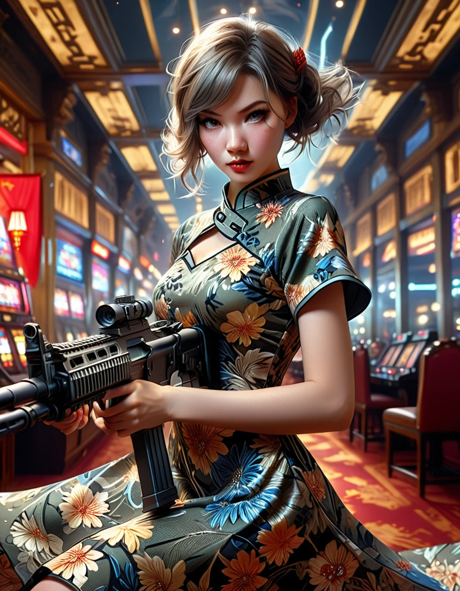 A young and extremely beautiful woman_cyborg, retro hairstyle, retro makeup, grinning face, ideal proportions, large breasts, ((Night camo_tight_China dress:1.9)), (rapid firing of assault rifle:1.7), (motion blur effect:1.5), (casino interior is in chaos, frenzy and destruction:1.4), (highest quality, 4k, 8k, high resolution, masterpiece:1.2), ultra-detailed, (realistic, photorealistic, photorealistic:1.37), detailed facial features, intricate dress pattern, striking pose, dramatic lighting, cinematic composition, vibrant colors, dystopian atmosphere, oil painting,