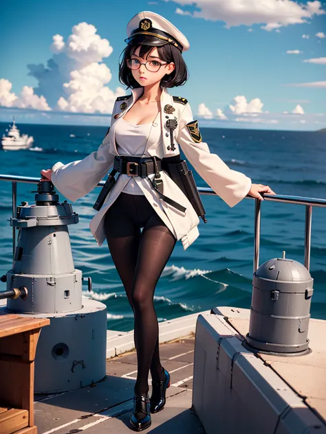 ((((Full body of a woman with perfect flat chest、Short unkempt black hair、white military jacket、Miko costume、tights、Black glasse...