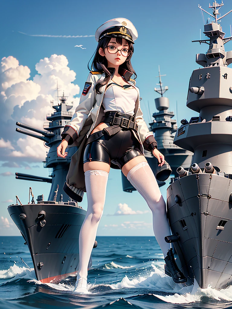 ((((Full body of a woman with perfect flat chest、Short unkempt black hair、white military jacket、Miko costume、tights、Black glasses、White military cap、Cloudy eyes、Sleepy expression)))), (((masterpiece))), (((Shipgirl))), ((Floating on the morning sea with both feet)), (Spread your legs wide open), (Hold the turret with your right hand), (Mechanical arms extending from the waist are used to equip the ship with battleship equipment.), (Equipped with a turret on the back), (Holds the turret with his left arm), Shotgun shells are attached to the thigh with a belt, Spreading the Machine&#39;s Wings, Machine tail,  shotgun, 