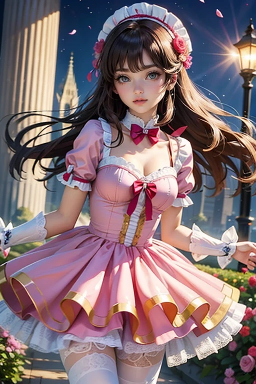 Kinomoto Sakura, Sakura CardCaptors, roses, ornament hair, brown hair, short hair, 1 girl, Looking at the audience, long hair, flowing hair, floating hair, Beautiful Eyes, Plump and glossy lips, Idol, dress with too many frills, white dress, pink laces, Short skirt, Drape clothes, pink gem, Lace trim, bright stage, luxury gold details, gold jewelry, more details, best quality, Big sparkling eyes, blushing, Striped Lace Stockings, Lolita skirt, sparkle, solo, centered girl, cowboy shot, perfectly body, perfectly hands, two arms, two legs, two hands, five fingers, perfect anatomy, glowing hair, petals, 1girl, dress, solo, flowing hair, floating hair, ornament hair, perfectly body, perfectly hands, on garden, petals, more details on her clothes, dress with transparency, golden details on her dress, night, holding a microphone, ((4k, masterpiece, top-quality)), 8k, best quality, high resolution, UHD, (illustration:0.8), super cute girl, delicate and beautiful face, mature girl, super cute hairstyle, (beautiful detailed eyes:1.6), extremely detailed face, perfect lighting, extremely detailed CG, (perfect hands, perfect anatomy), Best quality ((4k, masterpiece, top-quality)),8k, best quality, high resolution, HD, (illustration:0.8), super cute girl, delicate and beautiful face, mature girl, super cute hairstyle, (beautiful detailed eyes:1.6), extremely detailed face, perfect lighting, extremely detailed CG, (perfect hands, perfect anatomy), Best quality, cleavage, small skirt, full Body, two arms, two legs, two hands, five fingers