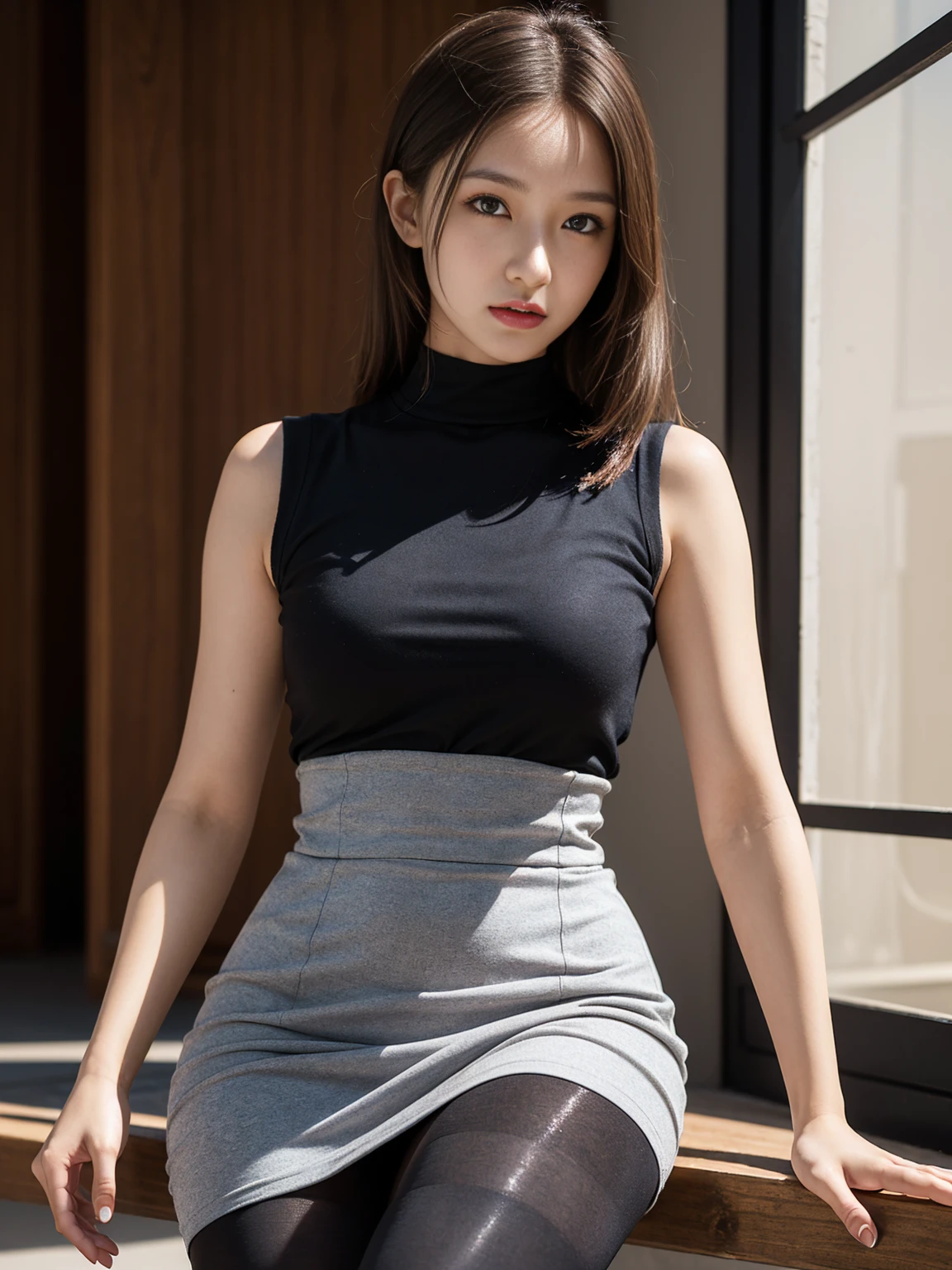 Celebrity Female college student, Tight skirt and thighs、2０age、height　162cm、、Conservative Fashion, (Wearing black tights,Realistic black tights)、Go to university、Wearing a high-end sleeveless dress, Wear high-quality high heels、 Girl in sleeveless dress, Wearing an elegant dress, When you wear the ultra-thin Sleeveless mini dress, Female college student, Sleeveless mini dress, Wearing a grey brand dress, Wear high-end brands, 、　　　　　　RAW Photos, (8k、Highest quality、masterpiece:1.2)、(Intricate details:1.4)、(Photorealistic:1.4)、Octane Rendering、Complex 3D rendering with ultra-detail, Soft studio light, Rim Light, Vivid details, Super Detail, Realistic skin textures, Face in detail, Beautiful details in the eyes, Highly detailed CG Unity 16k wallpaper, compensate, (Detailed Background:1.2), Exposed thighs!!!Raise the skirt with both hands、Panties visible through tights