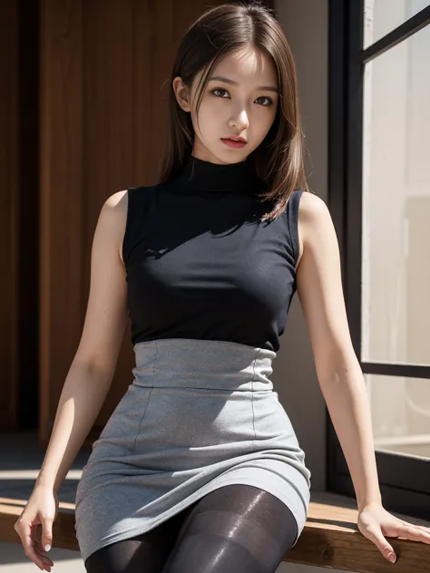 セレブFemale college student, Tight skirt and thighs、2０age、height　162cm、、Conservative Fashion, (Wearing black tights,Realistic blac...