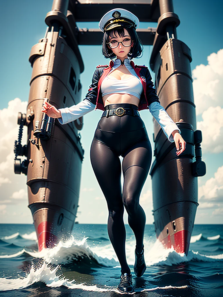 ((((Full body of a woman with perfect flat chest、Short unkempt black hair、white military jacket、Miko costume、tights、Black glasses、White military cap、Cloudy eyes、Sleepy expression)))), (((masterpiece))), (((Shipgirl))), ((Floating on the morning sea with both feet)), (Spread your legs wide open), (Hold the turret with your right hand), (Mechanical arms extending from the waist are used to equip the ship with battleship equipment.), (Equipped with a turret on the back), (Holds the turret with his left arm), Shotgun shells are attached to the thigh with a belt, Spreading the Machine&#39;s Wings, Machine tail,  shotgun, 