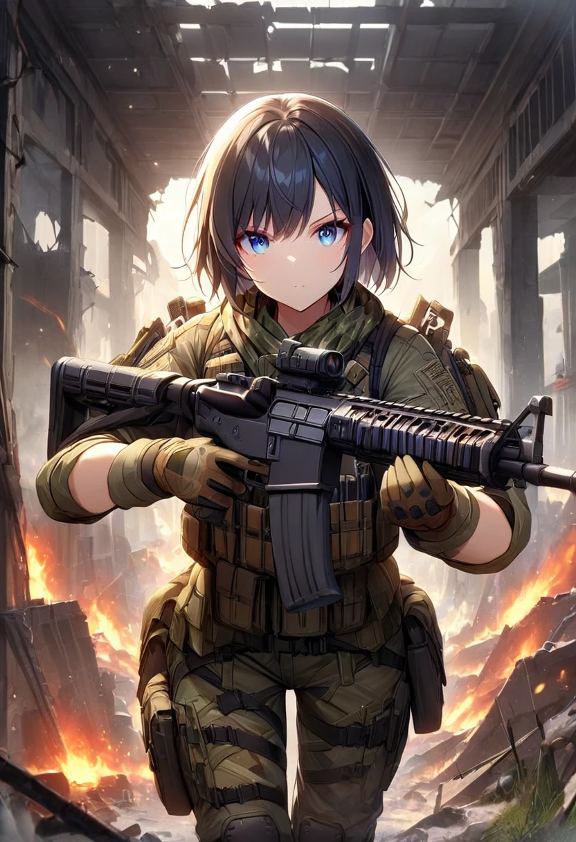 1 girl,One,INTENSE BLACK HAIR,short hair,asymmetrical cut,short haircut,Beautiful eyes,Blue eyes,gloves, military, garnish,camouflage, load-bearing vest, the ceiling,в epTactical,Wellingtons,assault rifle,with a black assault rifle,aimed at the viewer,ruin,fire,destroyed buildings,wreckage,heavy rain,masterpiece,Best quality,ultra detailed,