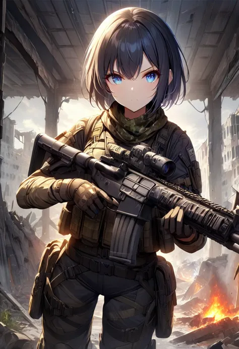 1 girl,One,INTENSE BLACK HAIR,short hair,asymmetrical cut,short haircut,Beautiful eyes,Blue eyes,gloves, military, garnish,camou...