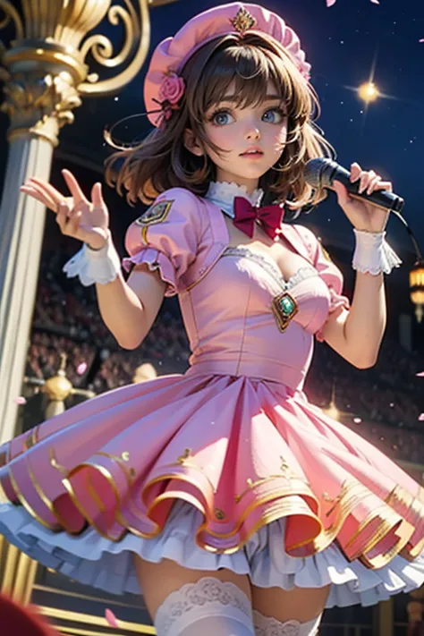 kinomoto sakura, sakura cardcaptors, roses, ornament hair, brown hair, short hair, 1 girl, looking at the audience, flowing hair...