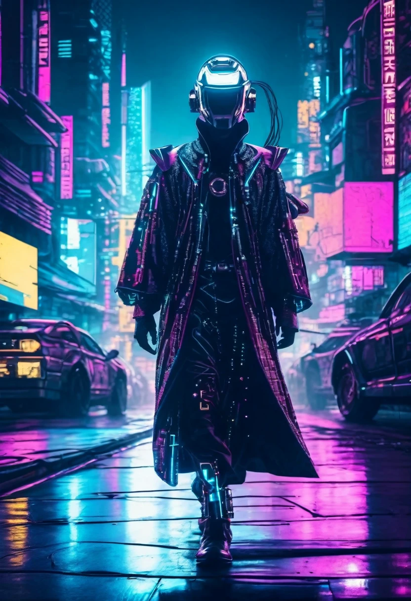 (best quality:1.3), (The best show:1.2), (Best Illustration Award:1.2), (Comic Style:1.2), (art film lighting:1.2) (1 person) Wearing futuristic electronic robe cyberpunk technology, His body was covered with metal parts, With horror as the background，In the cyberpunk city of the future, (Wearing a tech electronic helmet:1.2)