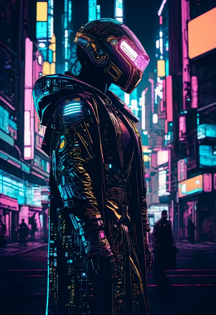 (best quality:1.3), (The best show:1.2), (Best Illustration Award:1.2), (Comic Style:1.2), (art film lighting:1.2) (1 person) Wearing futuristic electronic robe cyberpunk technology, His body was covered with metal parts, With horror as the background，In the cyberpunk city of the future, (Wearing a tech electronic helmet:1.2)