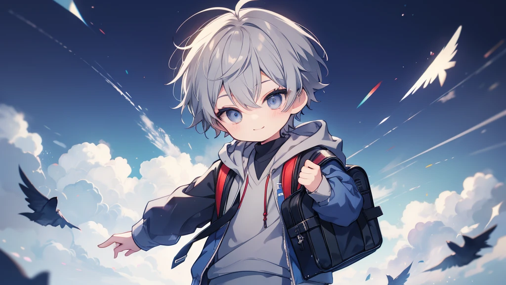 One little boy、Primary school students、Highest quality, Tabletop, Beautiful Face、hoodie、Long trousers、Gray Hair、short hair、whole body、smile、smile、Carrying a school bag、School Background、